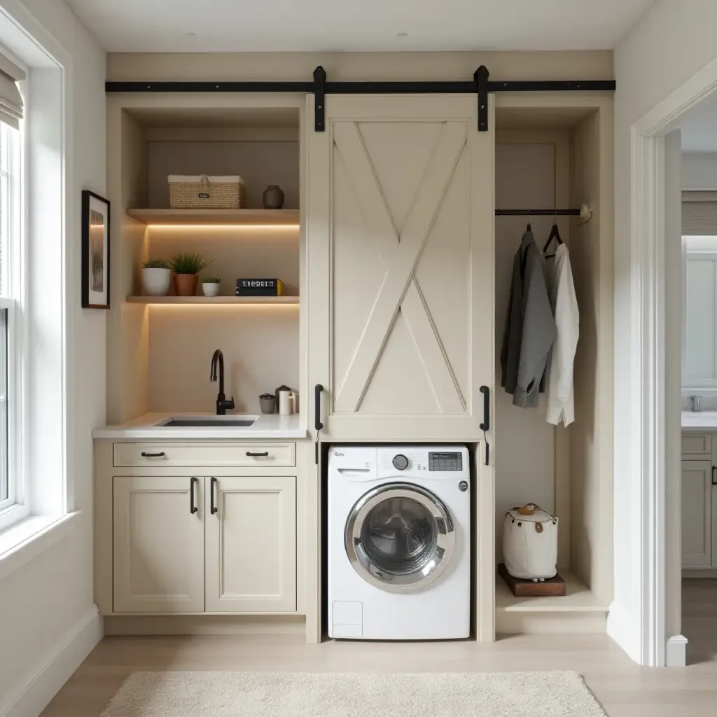 a photo of a laundry room with a sliding barn door for space-saving