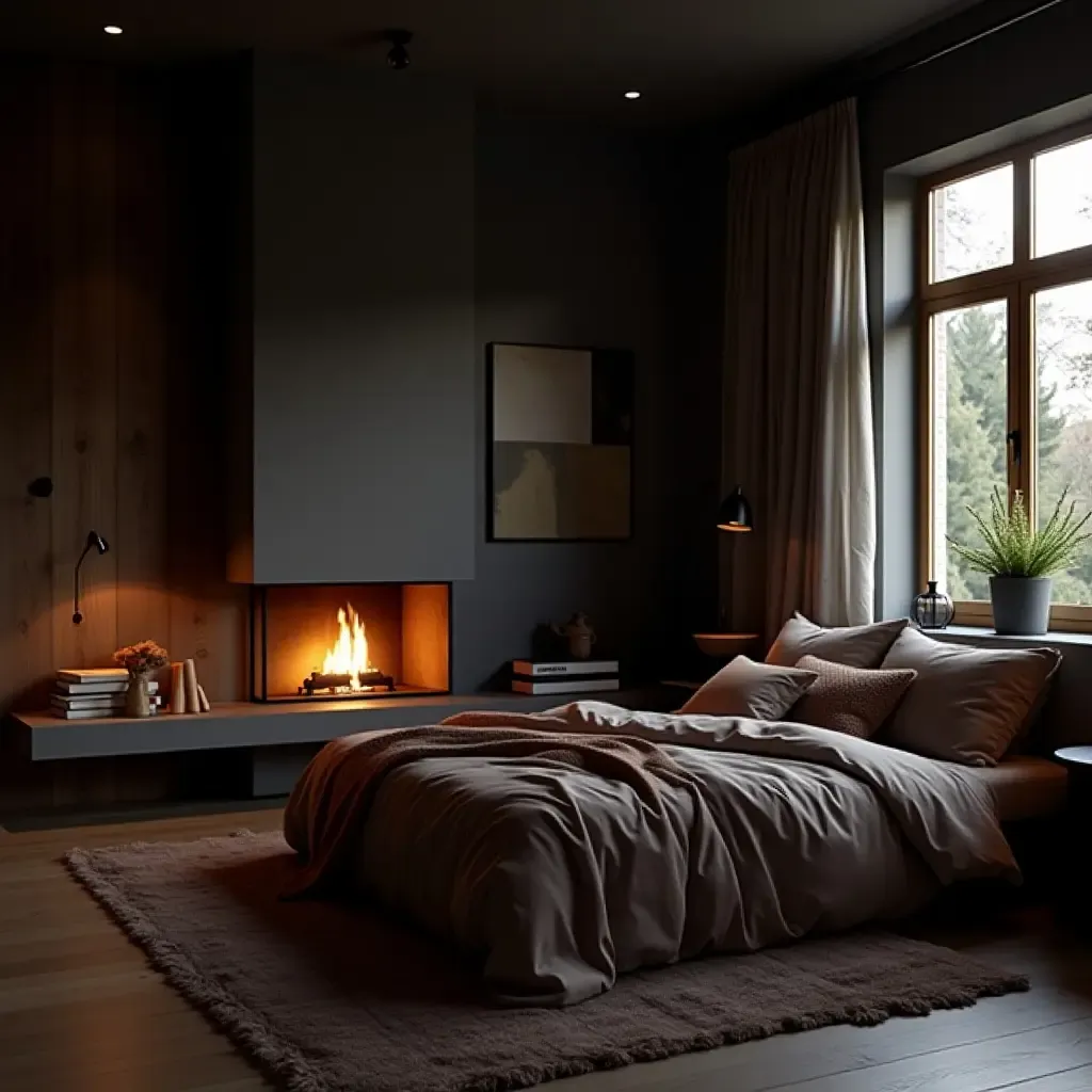 a photo of a cozy bedroom with a fireplace and dark, moody decor