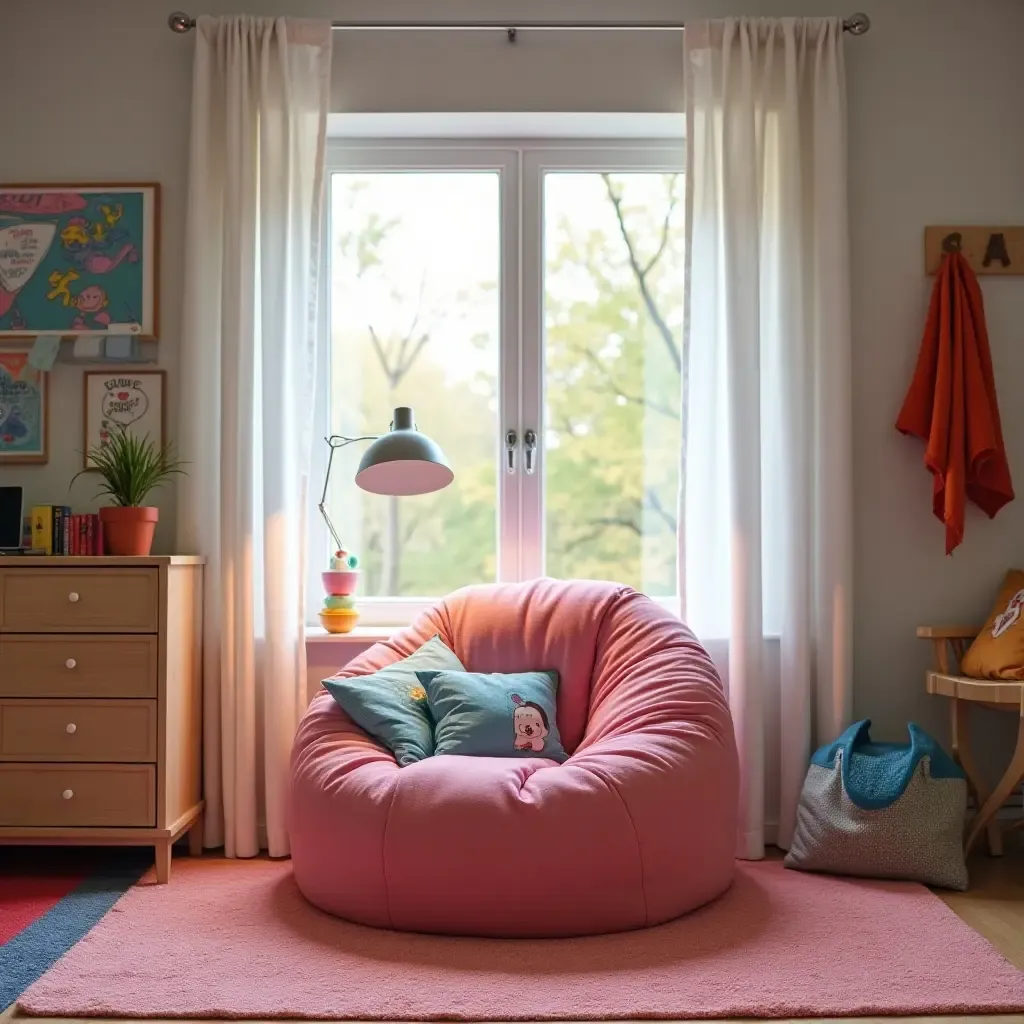 a photo of a teen&#x27;s bedroom with a fun, colorful bean bag chair