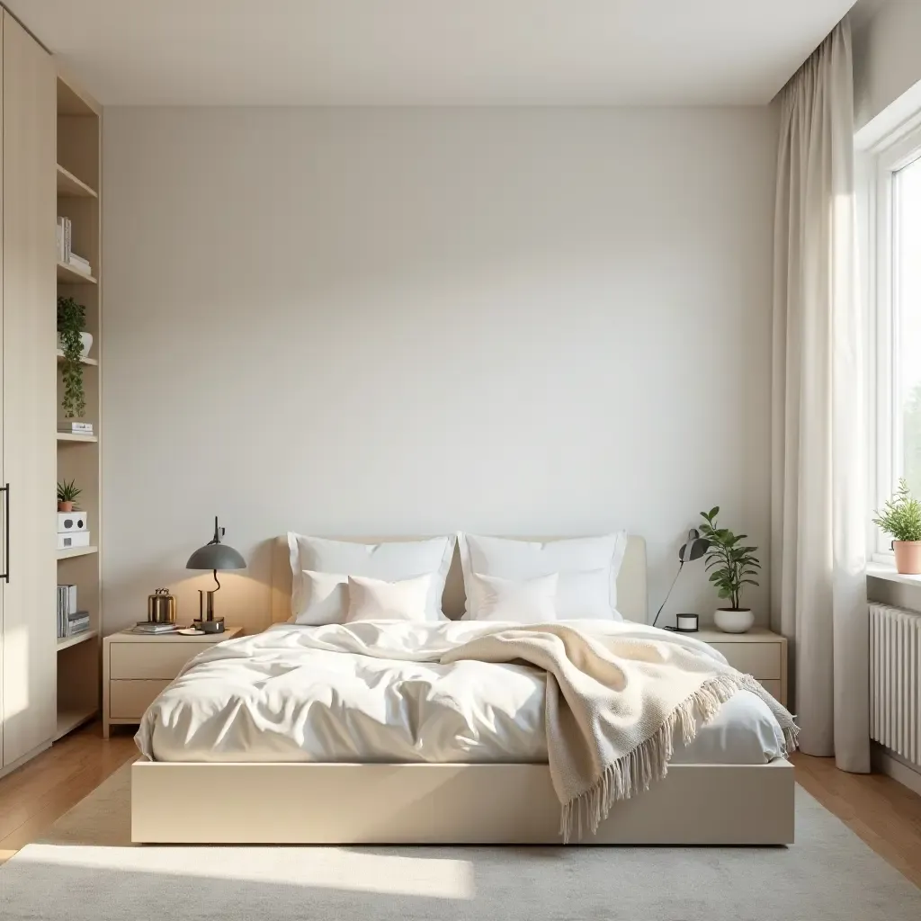 a photo of a minimalist teen bedroom with a unique bed design and open space