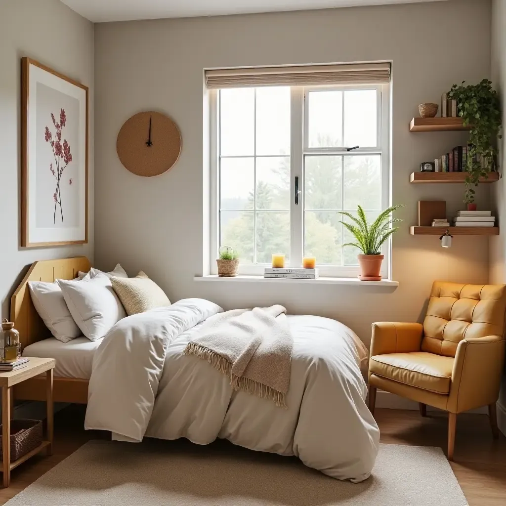 a photo of a shared bedroom with a cozy reading corner and bright decor