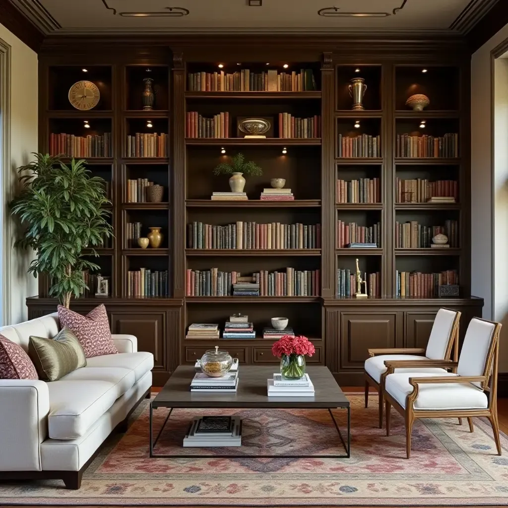 a photo of a library featuring a mix of antique and modern Mediterranean decor