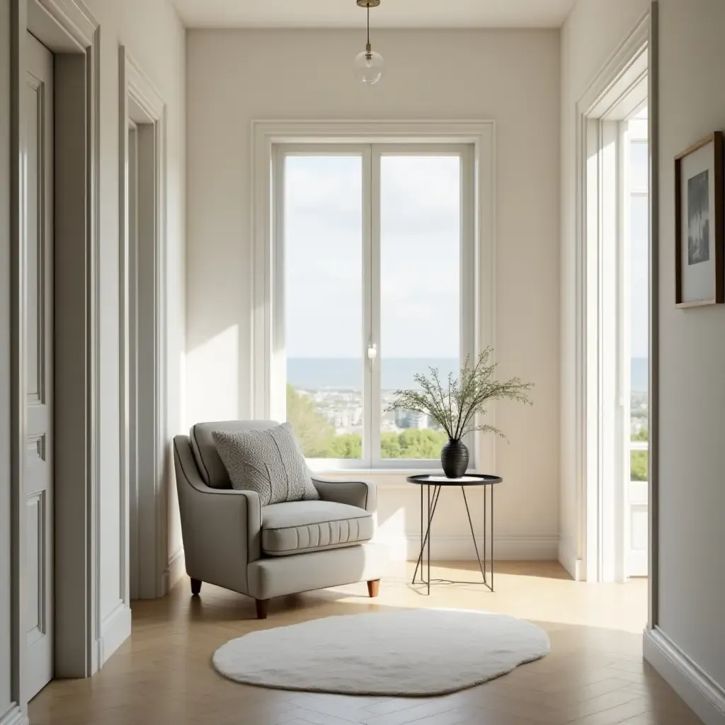 a photo of a bright hallway with a comfortable armchair and side table