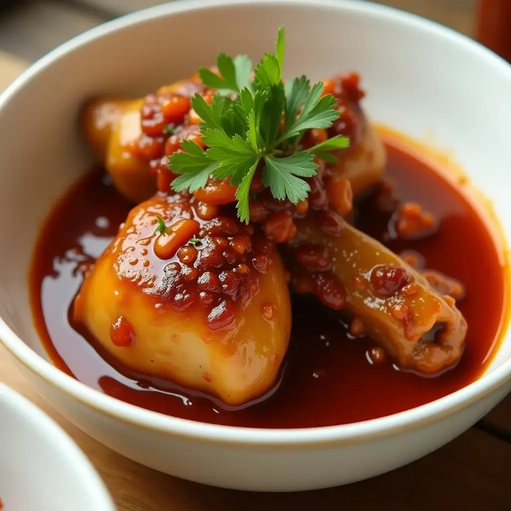 a photo of a coq au vin reimagined with gochujang and kimchi, garnished with fresh herbs.