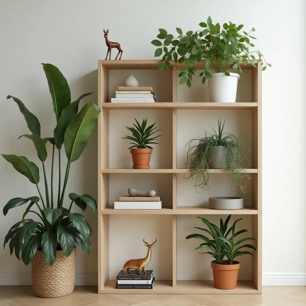 a photo of a nature-inspired shelving unit with plants and animal decor