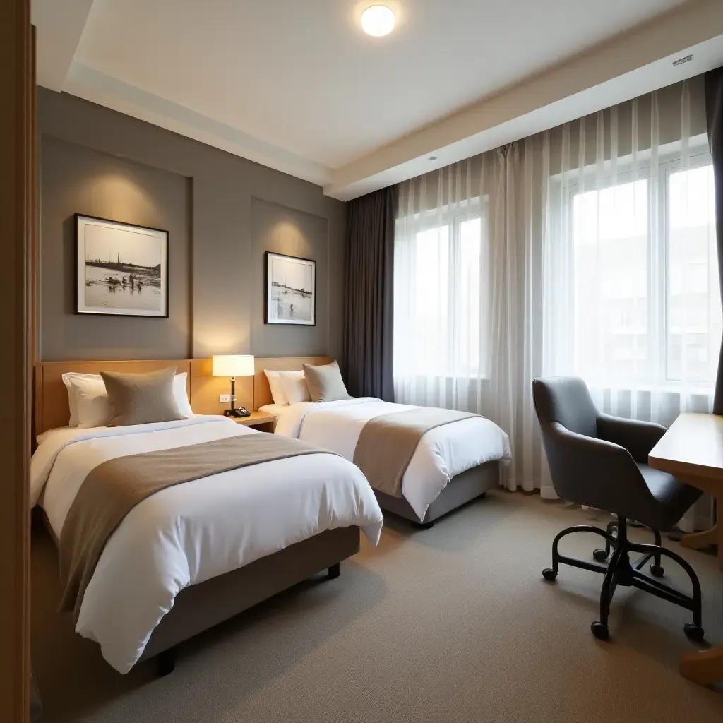 a photo of a stylish shared bedroom featuring two twin beds and a shared desk