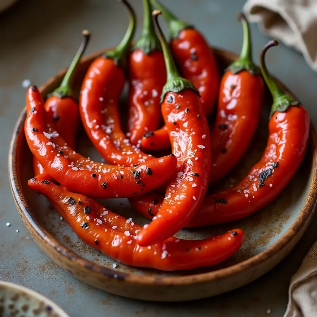 a photo of pimientos de padrón, blistered and sprinkled with sea salt, served on a ceramic plate.