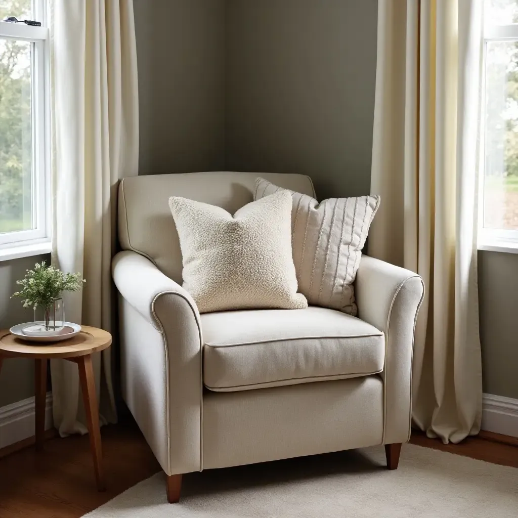 a photo of a cozy corner with oversized throw pillows on a snug armchair