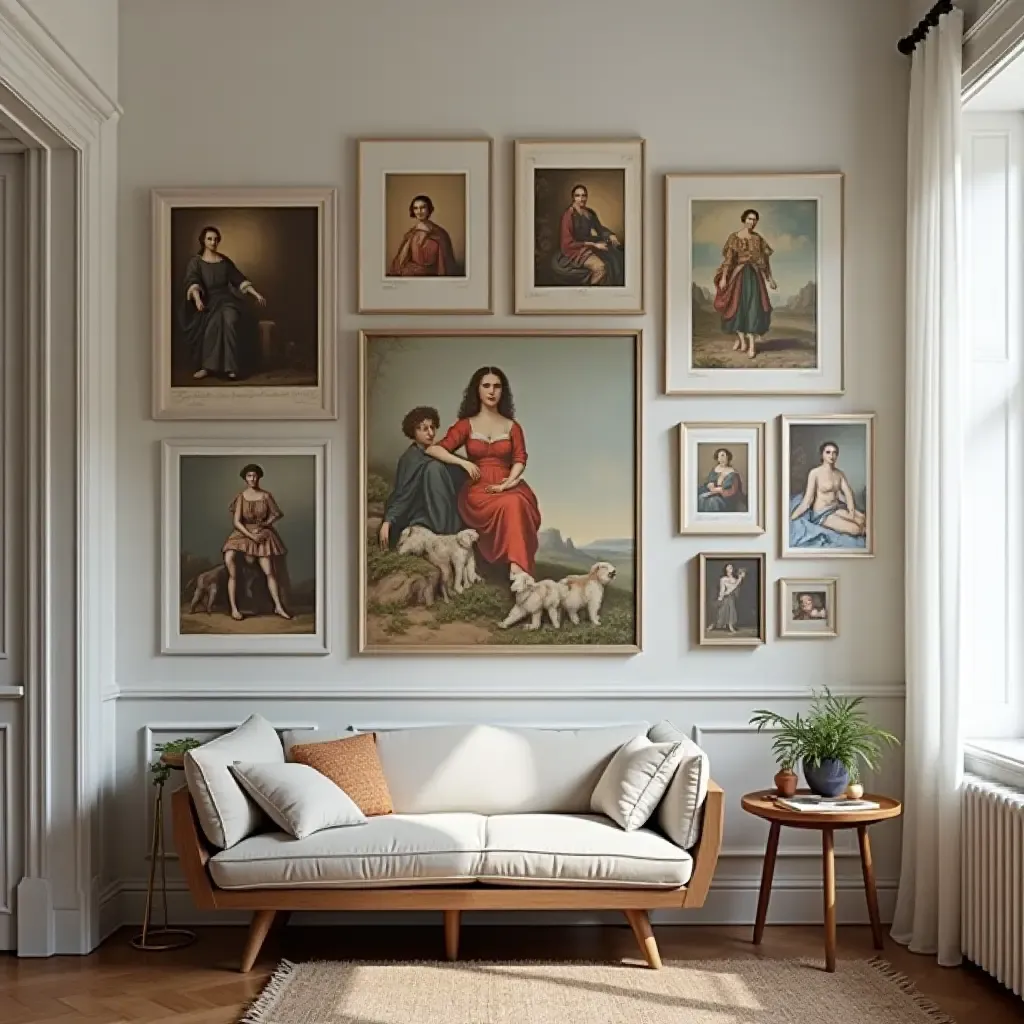 a photo of a gallery wall with a collection of art from famous artists