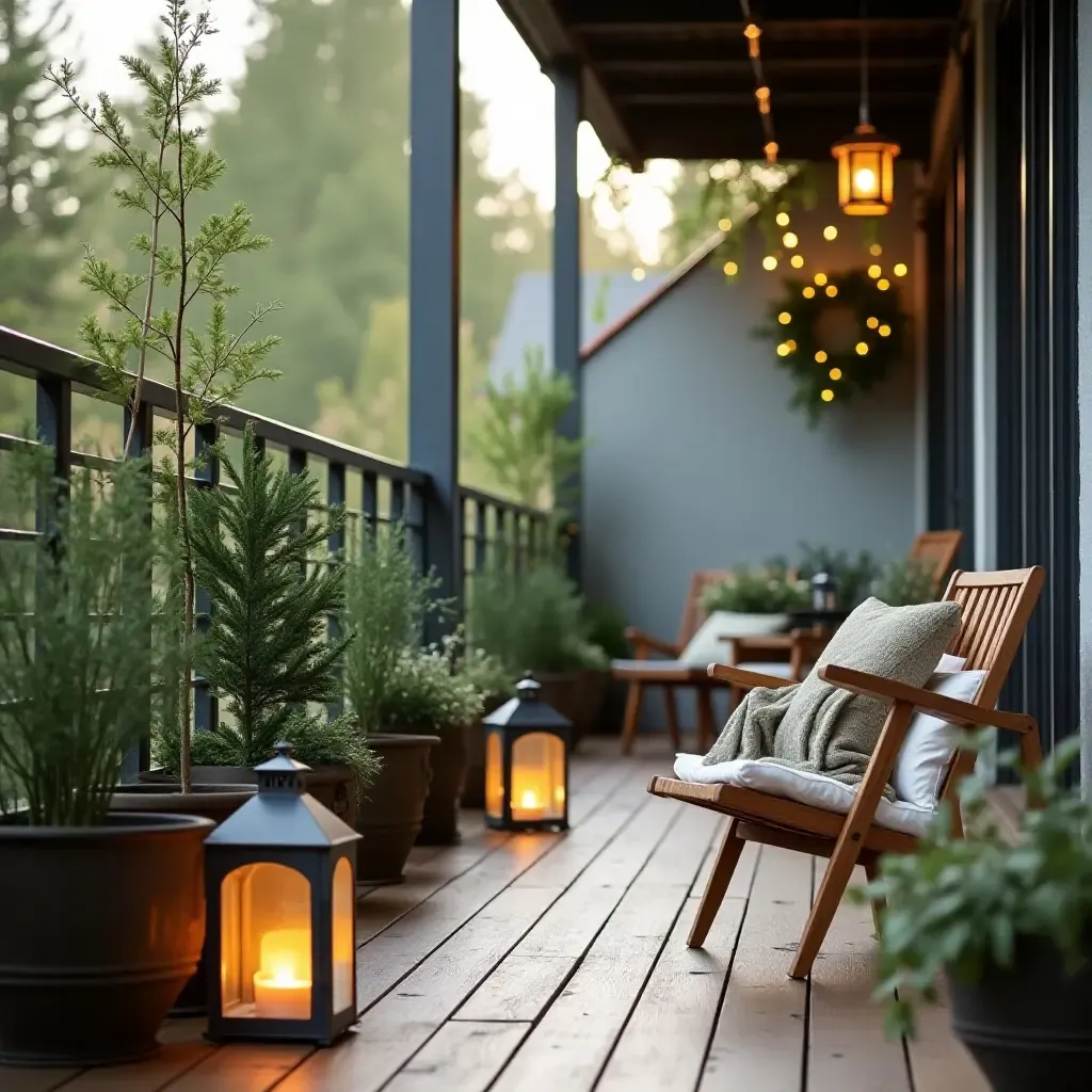 a photo of a serene balcony decorated with Scandinavian-style lanterns and greenery