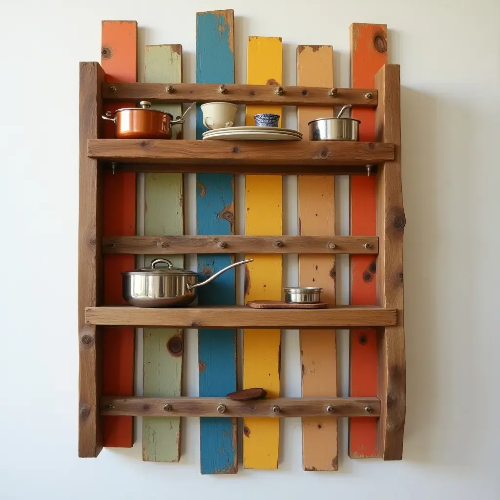 a photo of a colorful wall-mounted pot rack made from wood