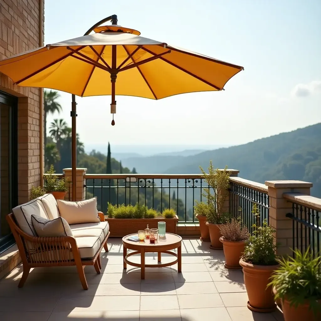 a photo of a balcony with a vintage parasol and retro outdoor furniture