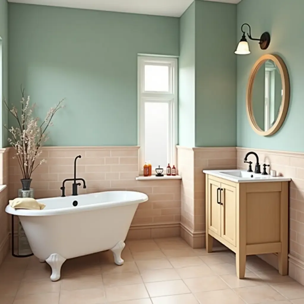 a photo of a bathroom with a vintage-inspired color palette