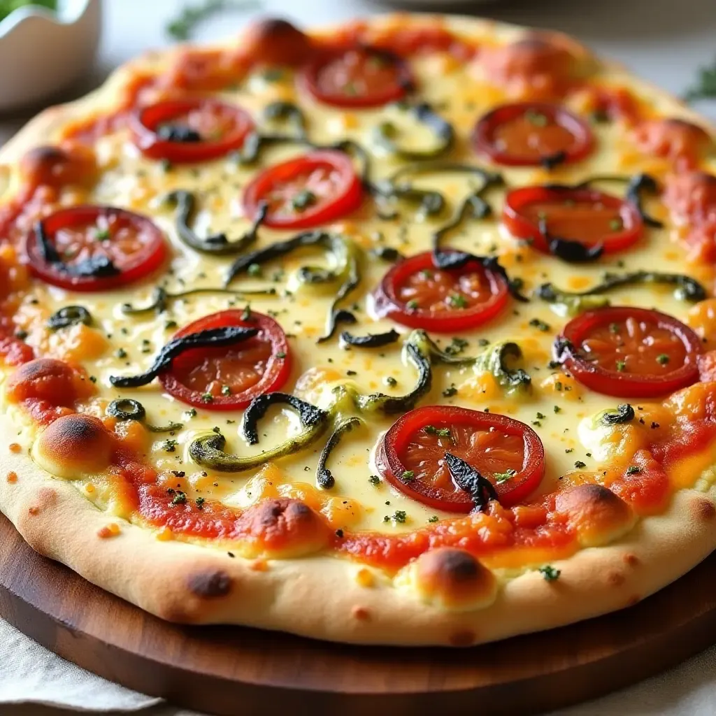 a photo of a pizza with roasted artichokes, sun-dried tomatoes, and pesto swirls