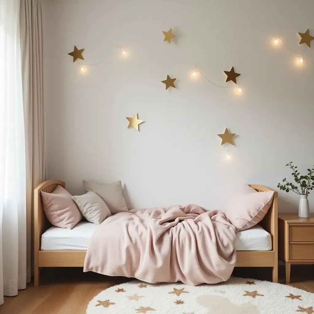 a photo of a dreamy children&#x27;s bedroom with metallic stars on the walls