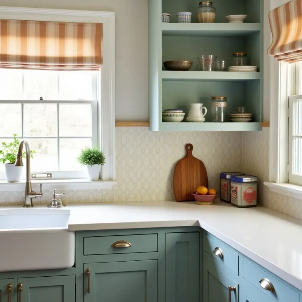 a photo of a colorful beadboard backsplash adding a vintage feel to a classic kitchen