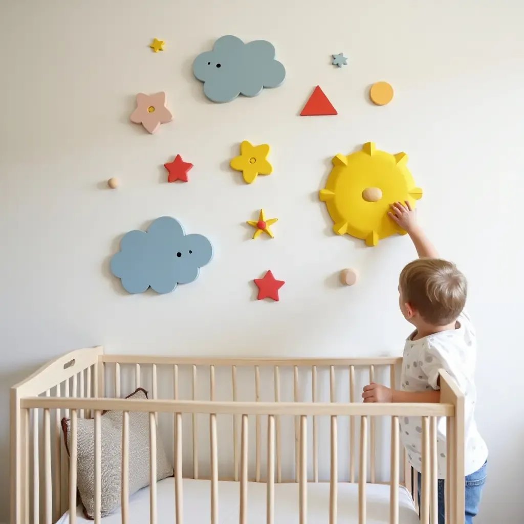 a photo of a nursery featuring interactive wall art for sensory play