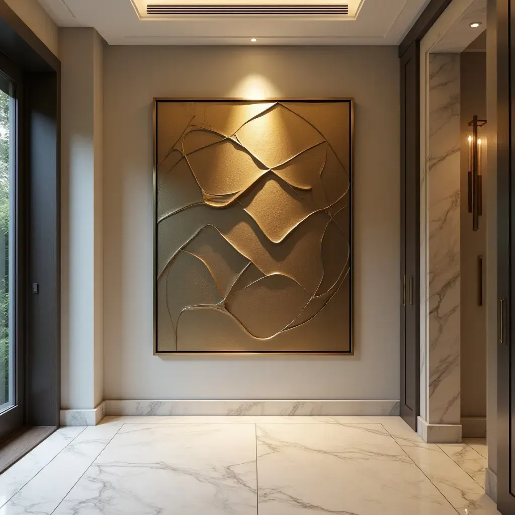 a photo of a large abstract metal art piece in a hallway