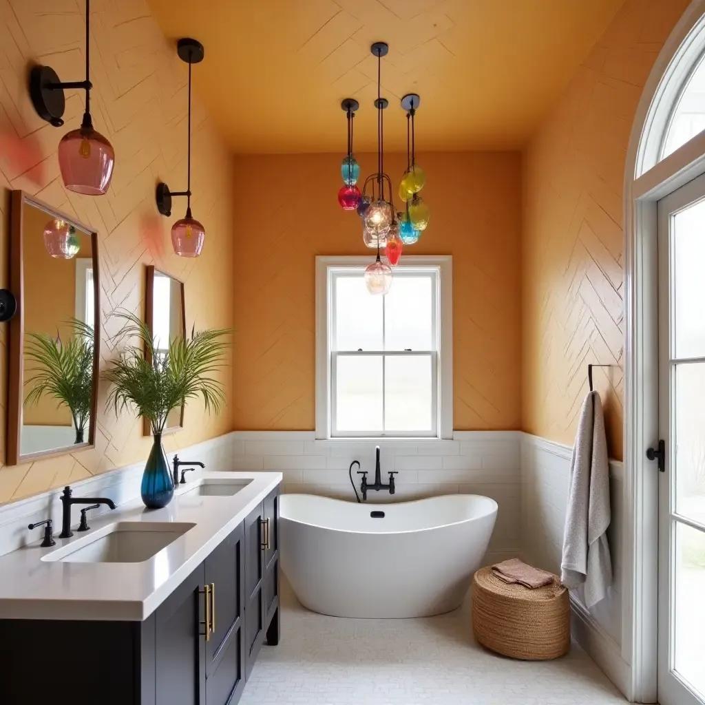 a photo of a vibrant bathroom with colorful pendant lights matching decor accents