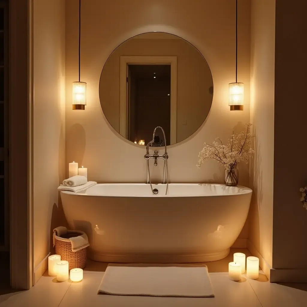 a photo of a romantic bathroom with soft pendant lights creating a warm ambiance