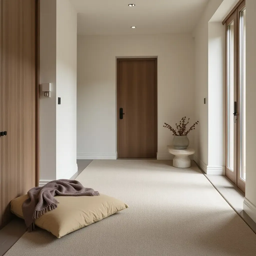 a photo of a cozy corridor featuring a floor cushion and throw