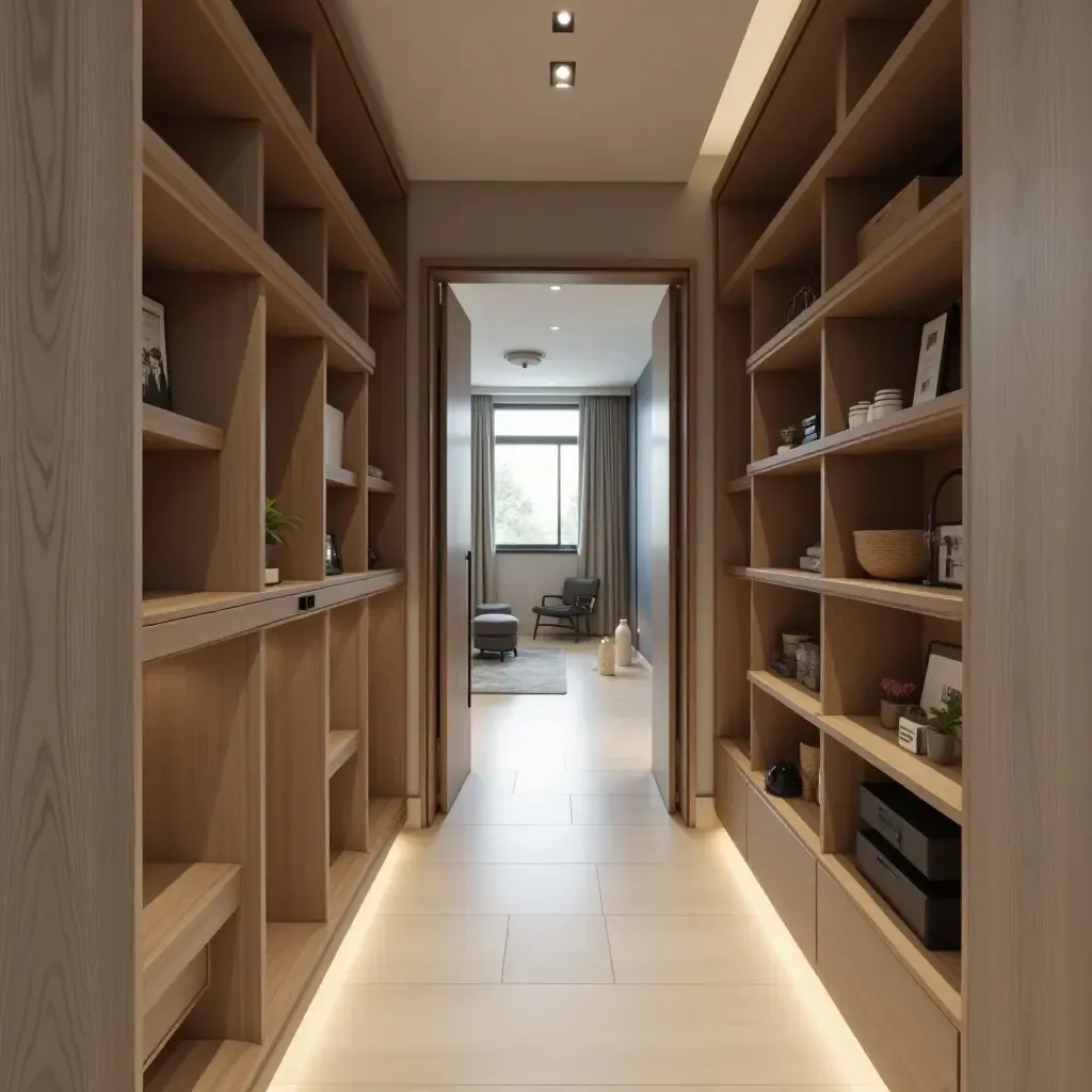 a photo of a narrow corridor with a compact shelving solution