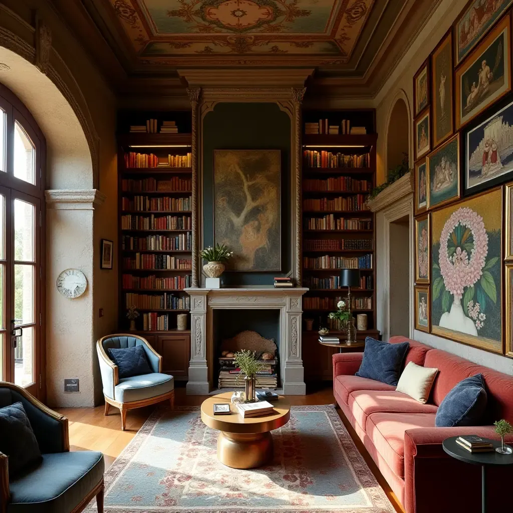 a photo of a library with a blend of Mediterranean art and literary classics