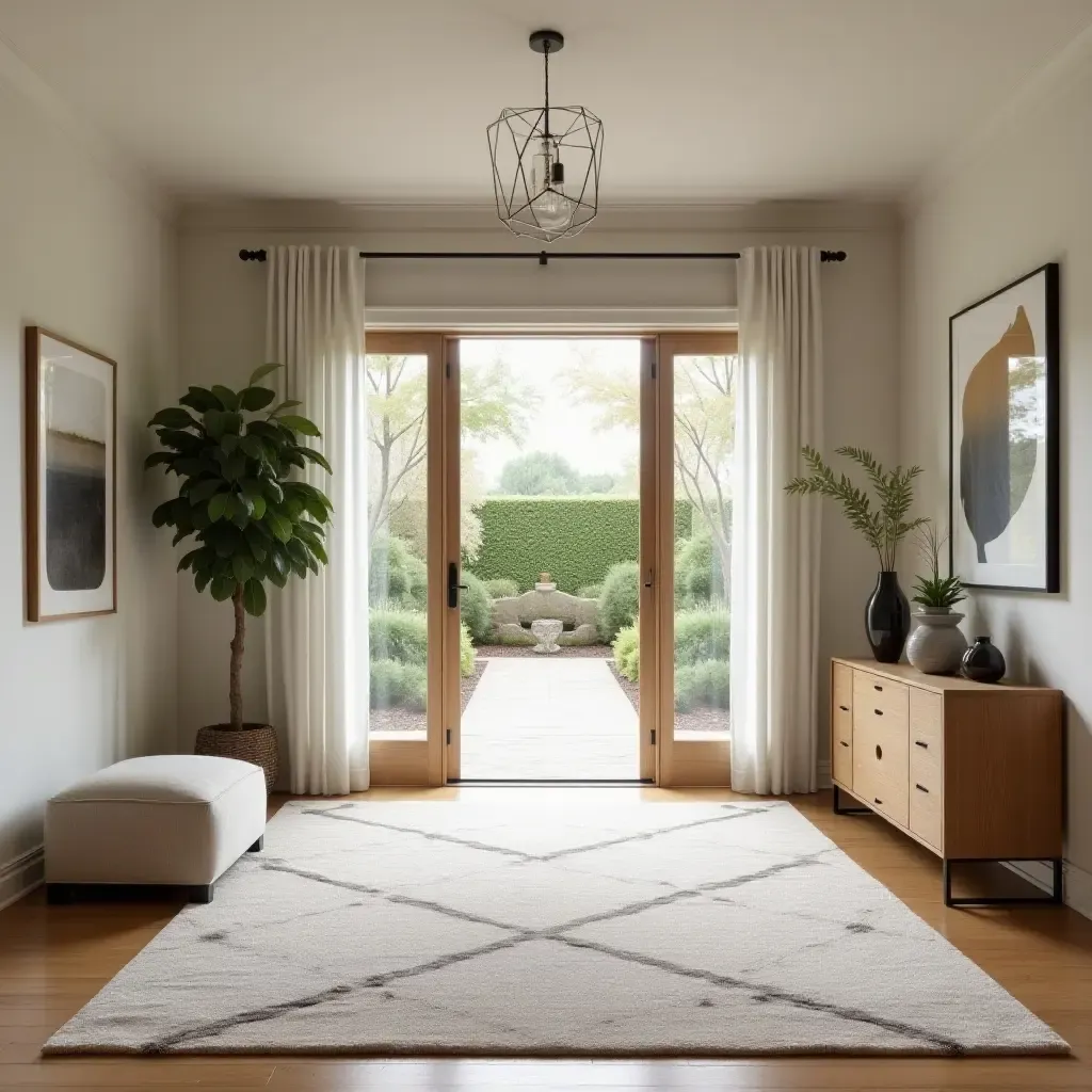 a photo of an oversized rug creating a welcoming atmosphere in an entrance