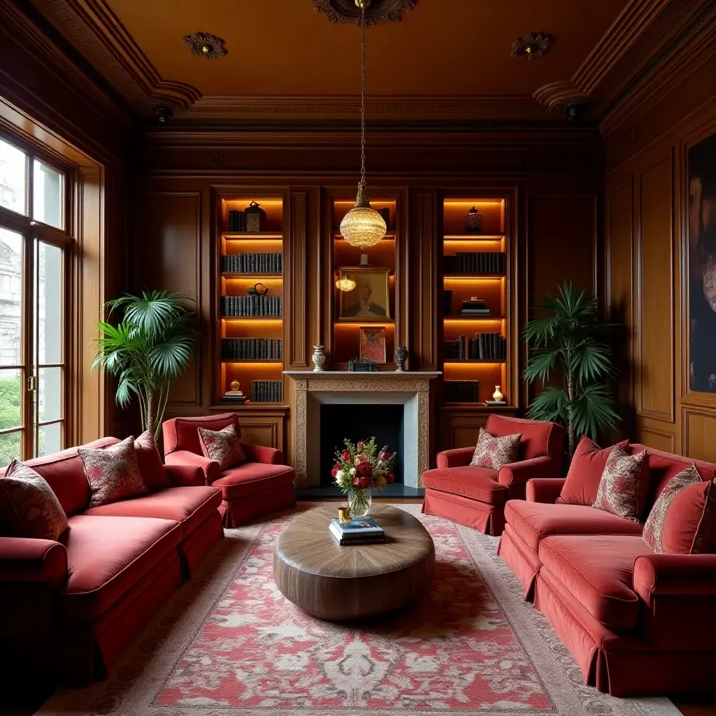 a photo of a luxurious library featuring rich fabrics and polished wood