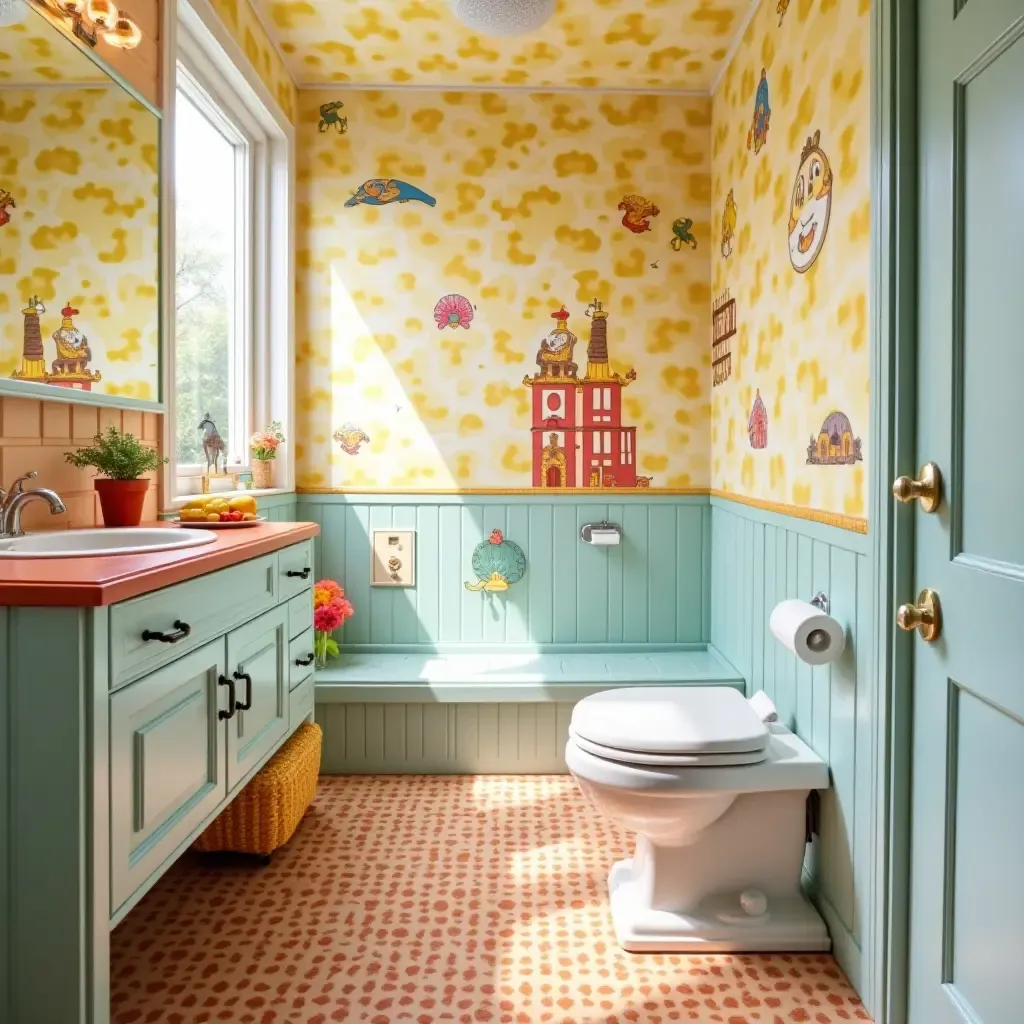 a photo of a whimsical bathroom with cartoon-themed tiles and bright colors