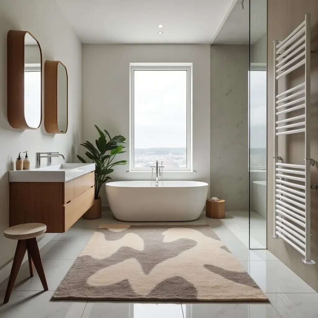 a photo of a unique asymmetrical rug in a modern bathroom