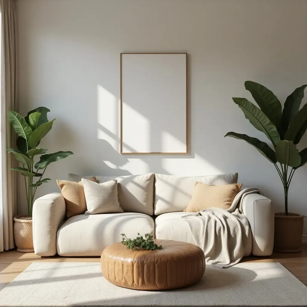 a photo of a living room with a soft, oversized sofa and nature-themed decor