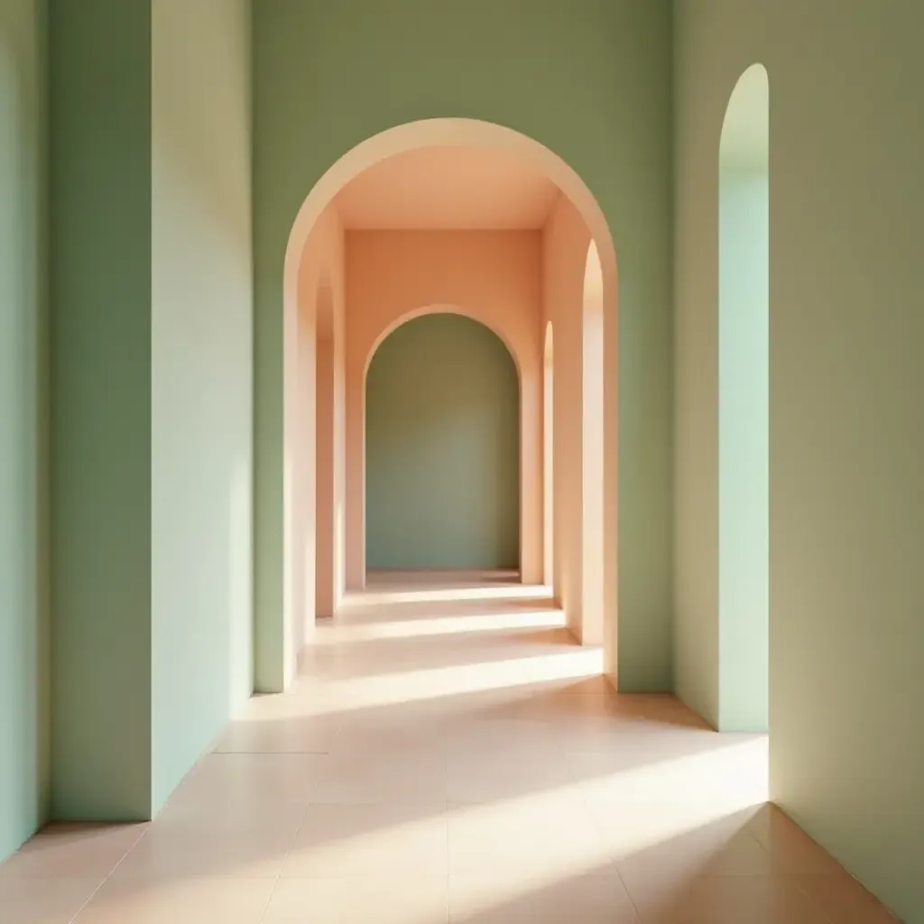 a photo of a harmonious sage green and soft peach corridor