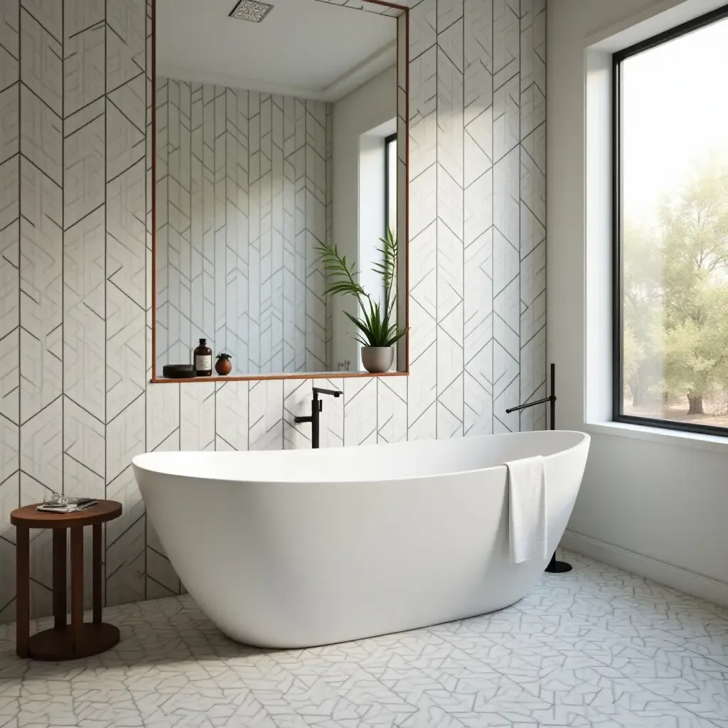 a photo of a freestanding tub with geometric tiles and natural light