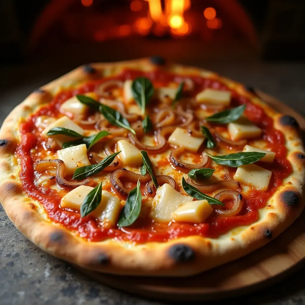 a photo of salted cod pizza with caramelized onions, gourmet style, wood-fired oven