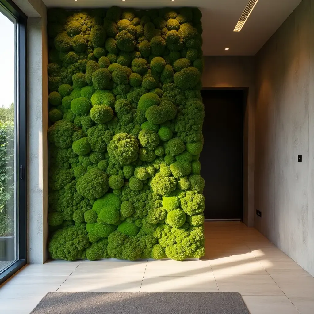 a photo of a modern entrance hall featuring a moss wall art installation