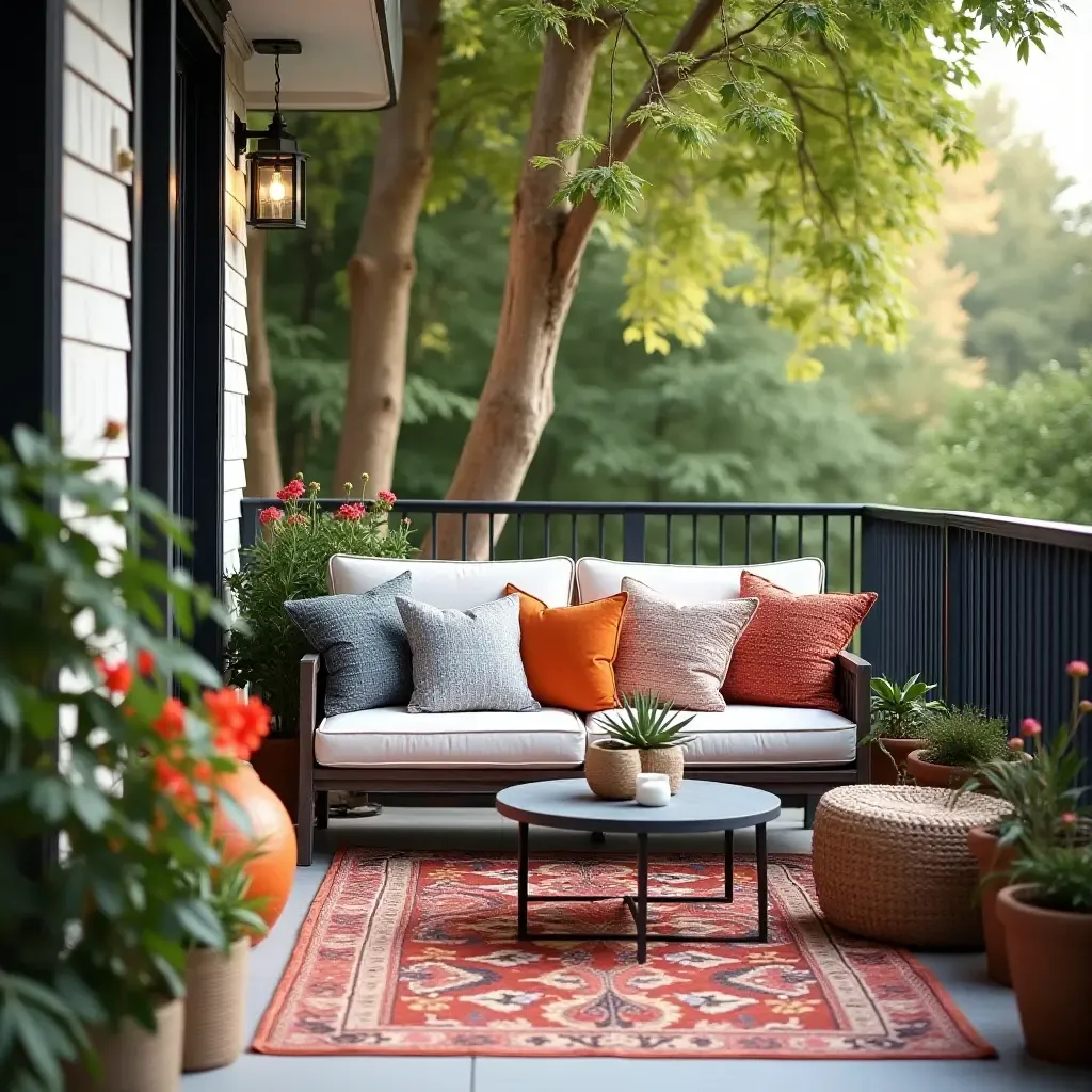 a photo of a balcony with colorful cushions and an outdoor rug