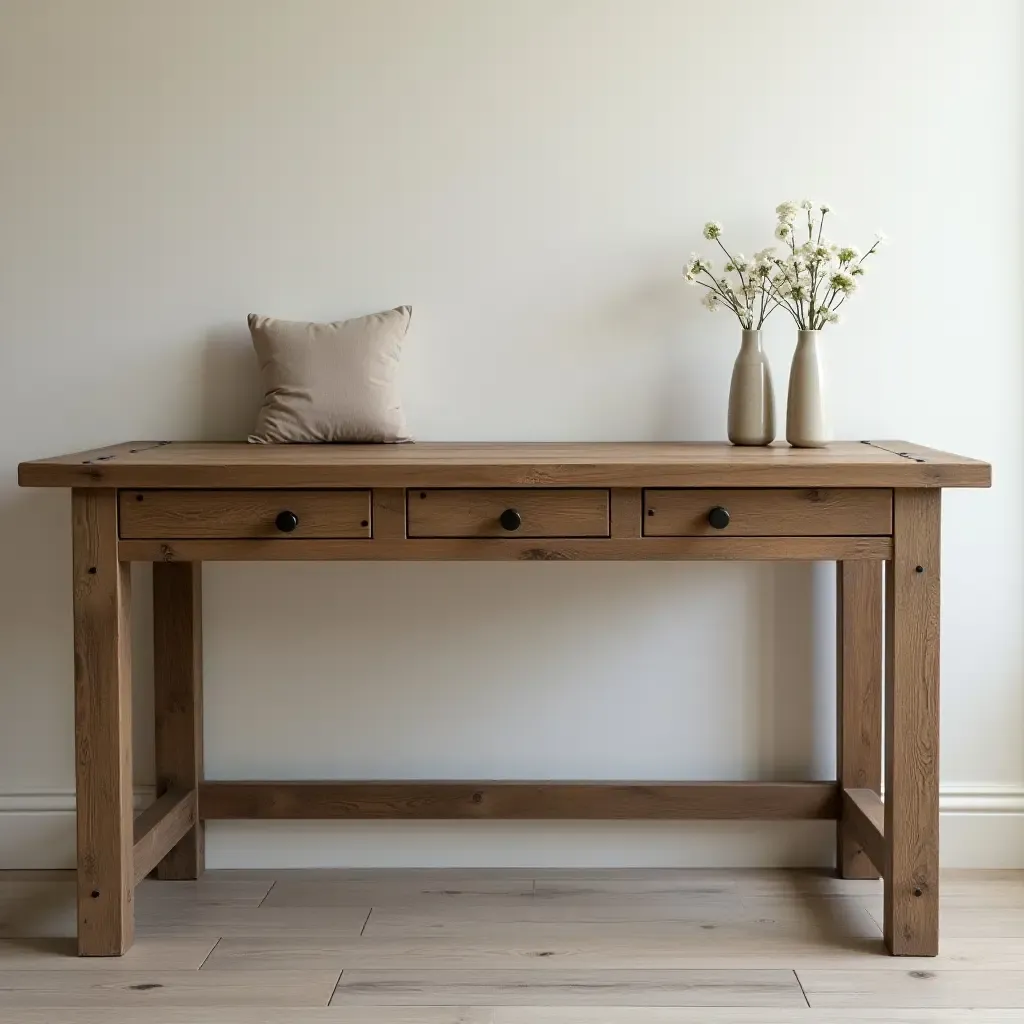 a photo of a foldable rustic desk against a wall