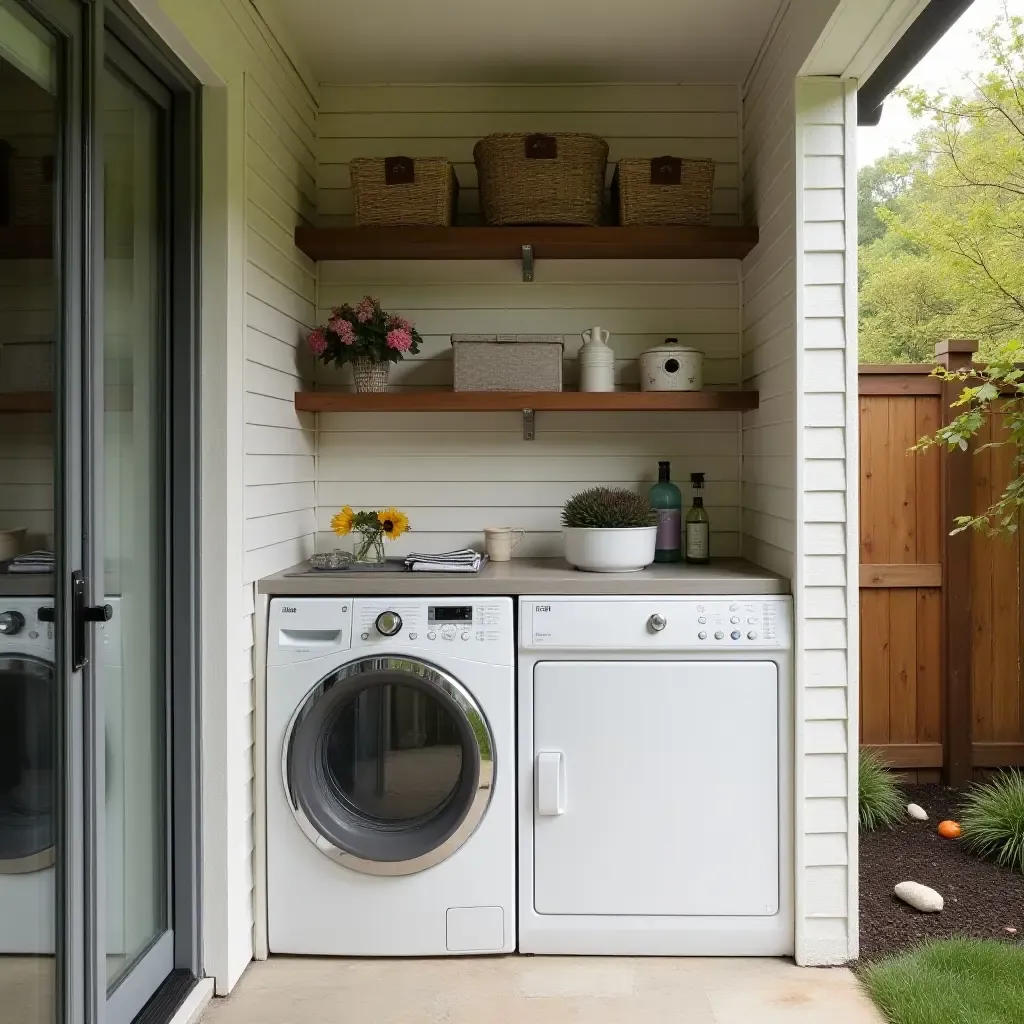 a photo of an outdoor laundry area with a built-in folding station and storage