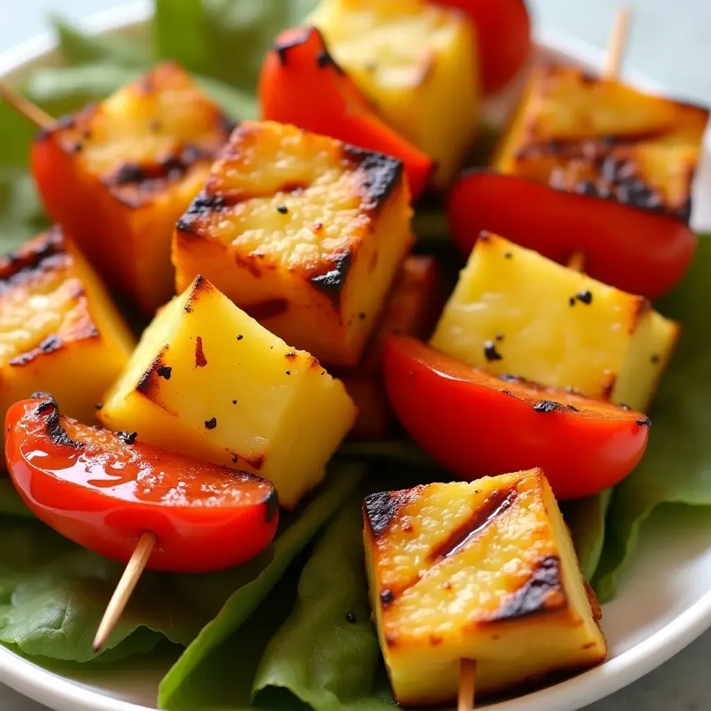 a photo of grilled tofu skewers with pineapple and bell peppers.