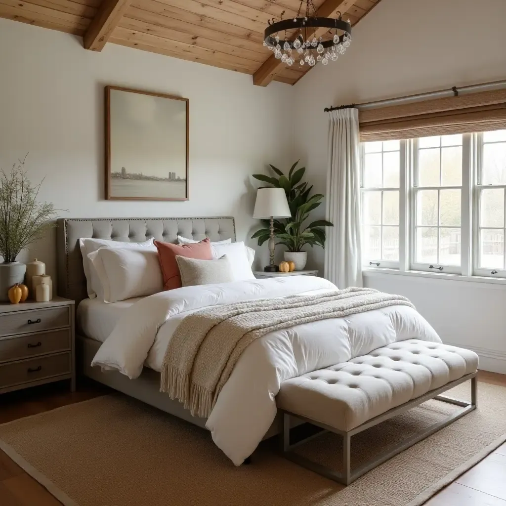 a photo of a cozy bedroom featuring a mix of textures and farmhouse elements