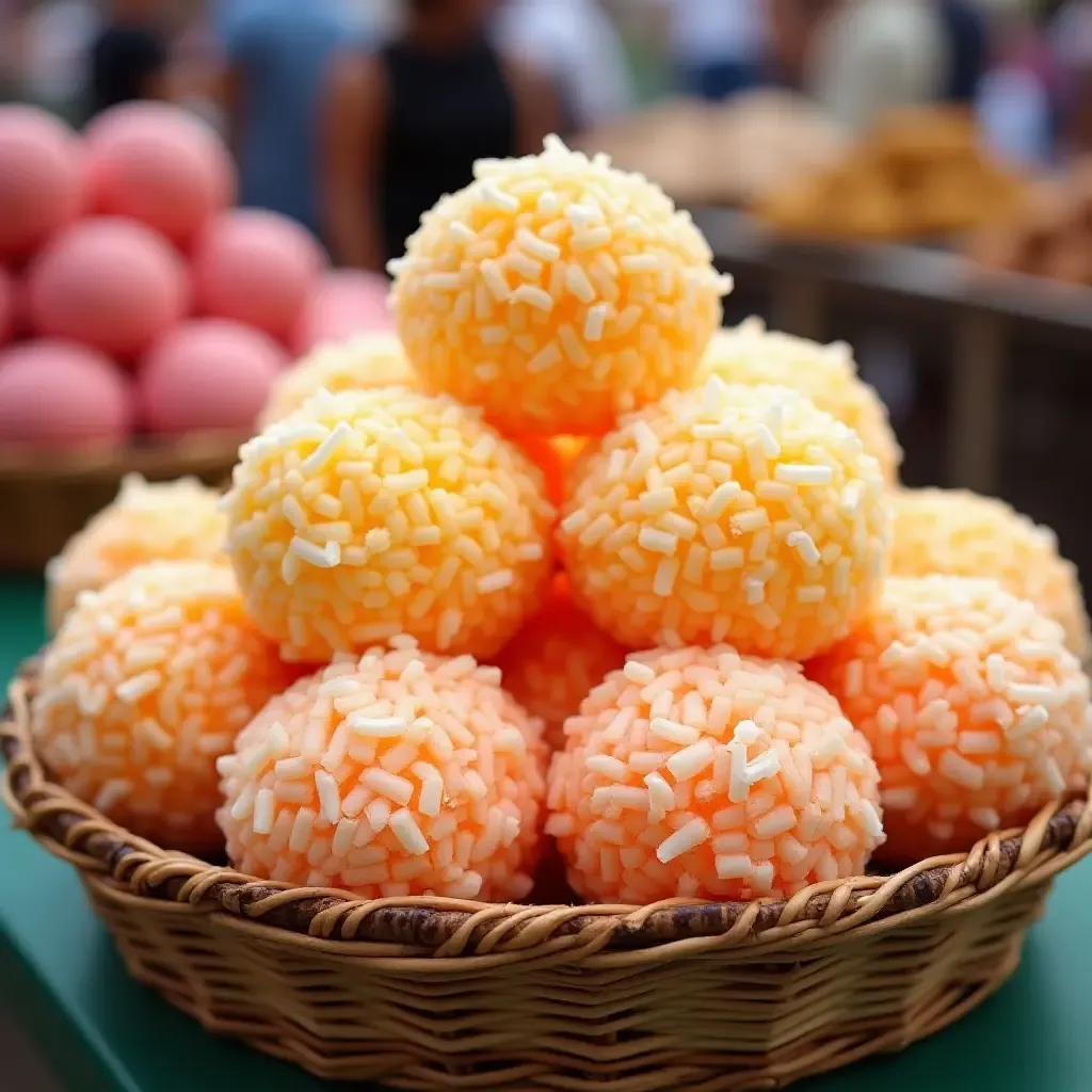 a photo of cocadas, coconut-based sweets in various colors, piled high in a woven basket at a local fair.