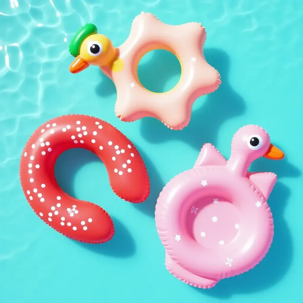 a photo of stylish pool floats in vibrant colors and unique shapes