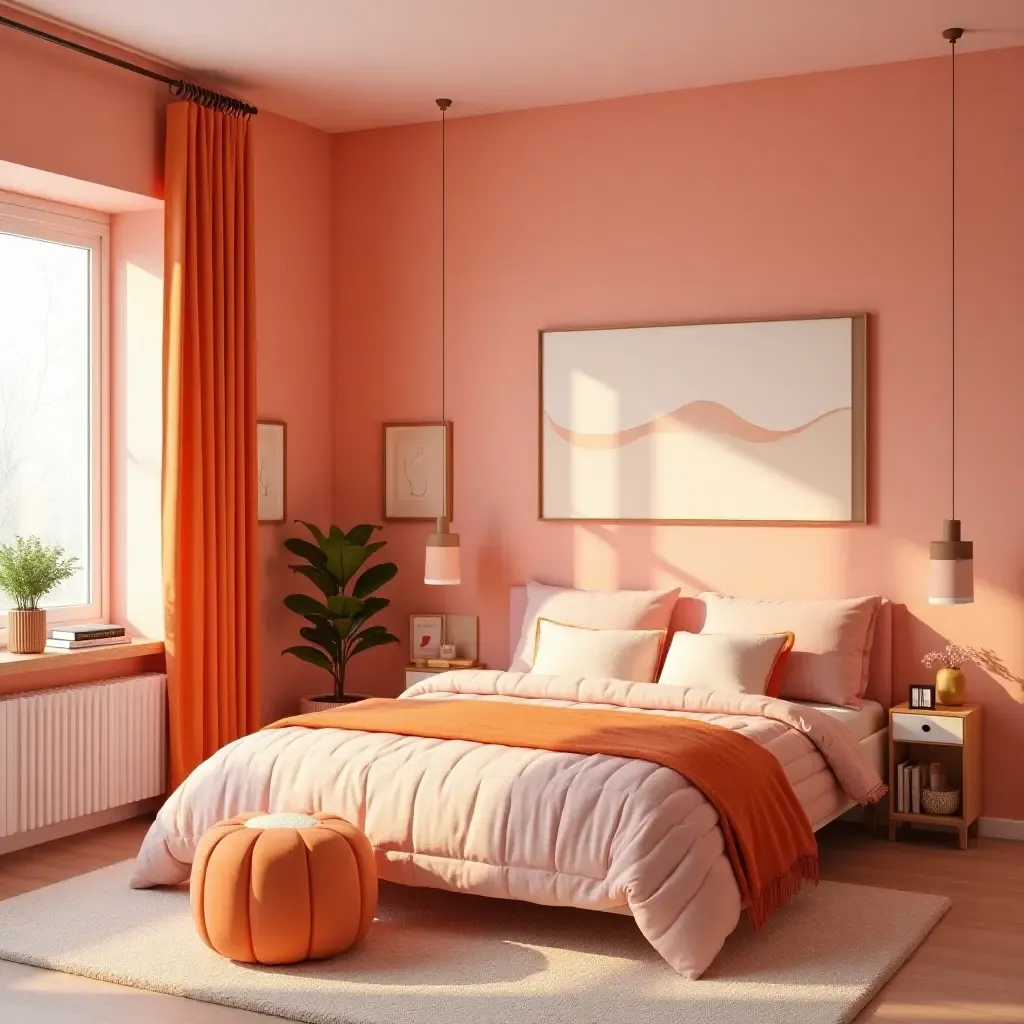 a photo of a cheerful pink and orange bedroom with a reading nook