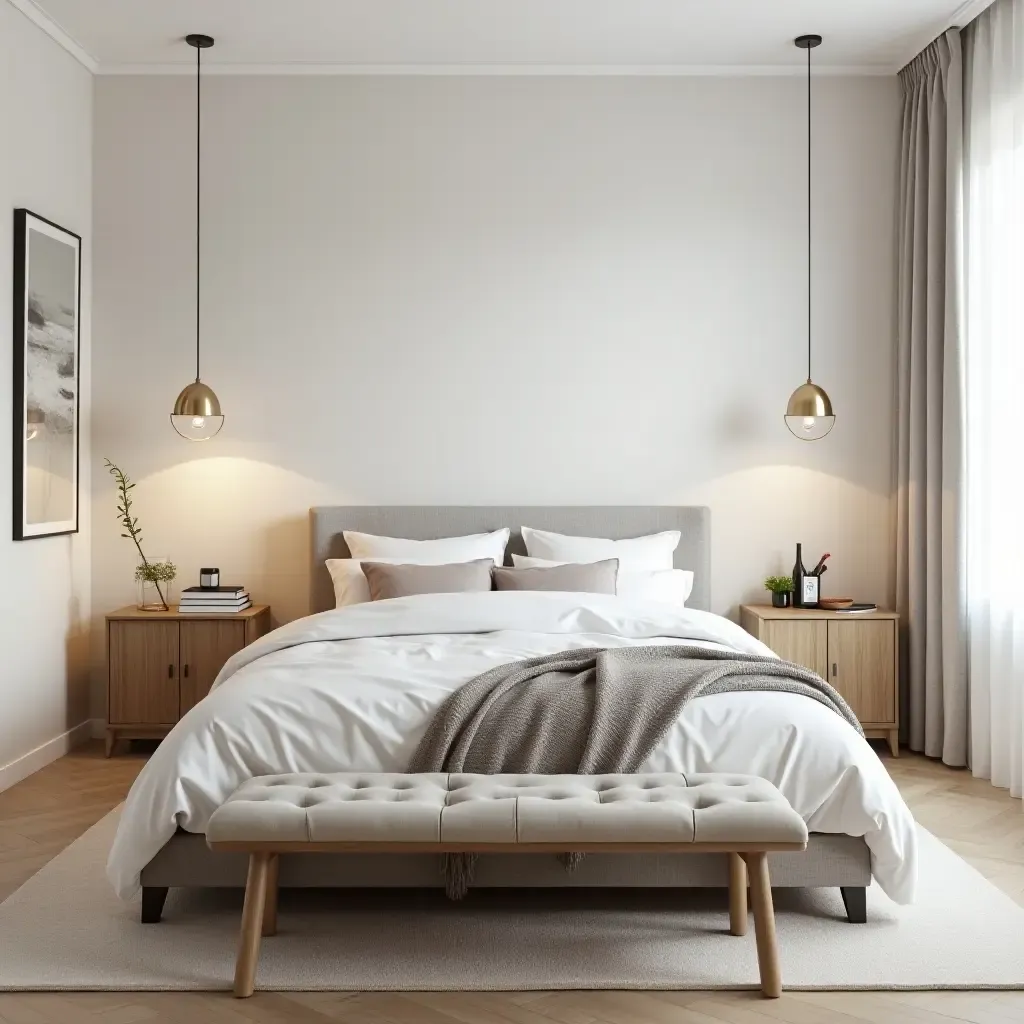 a photo of a bright bedroom featuring metallic decor elements