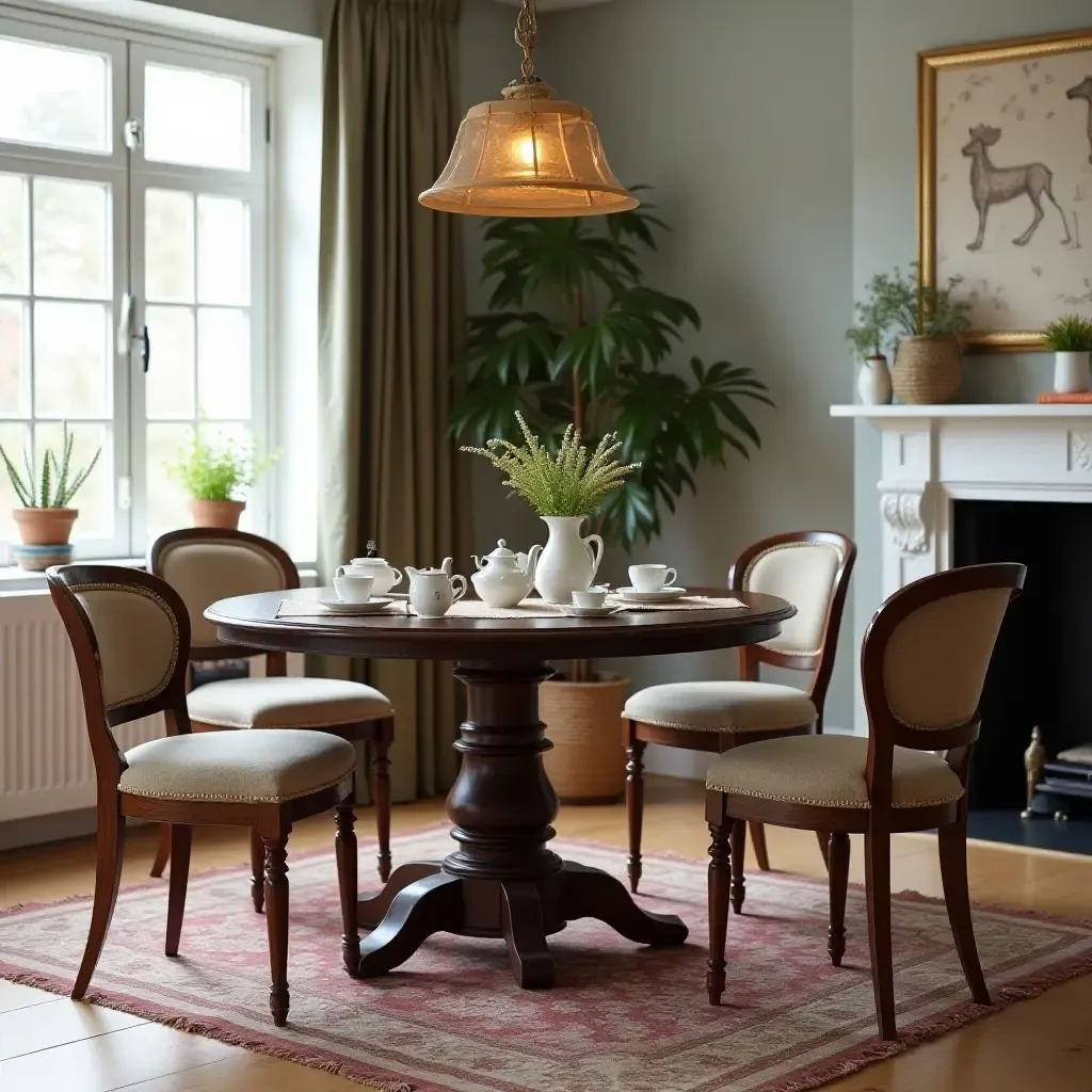 a photo of a colonial dining table set for tea in a stylish living room corner