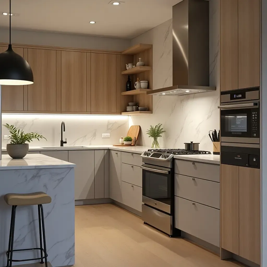 a photo of a high-tech kitchen with integrated smart home technology