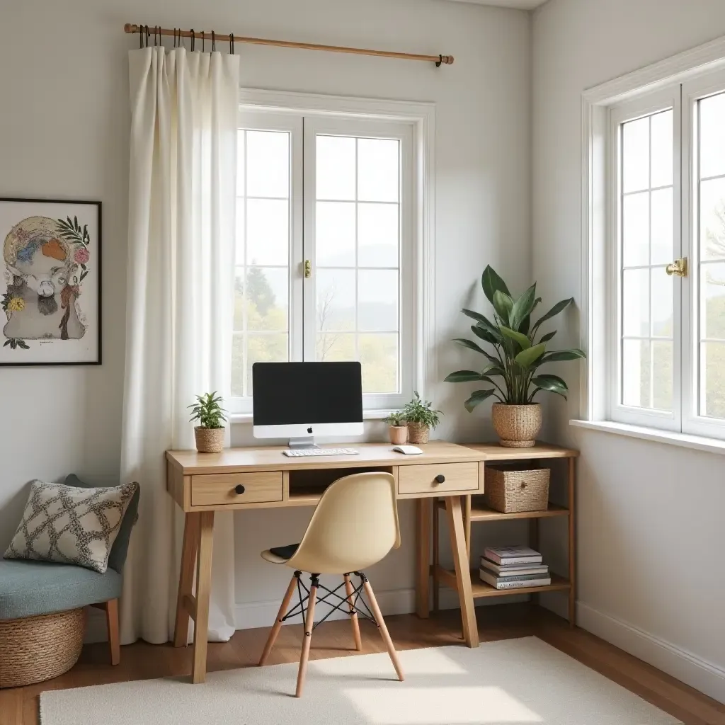 a photo of a teen bedroom showcasing a farmhouse-style desk and creative workspace