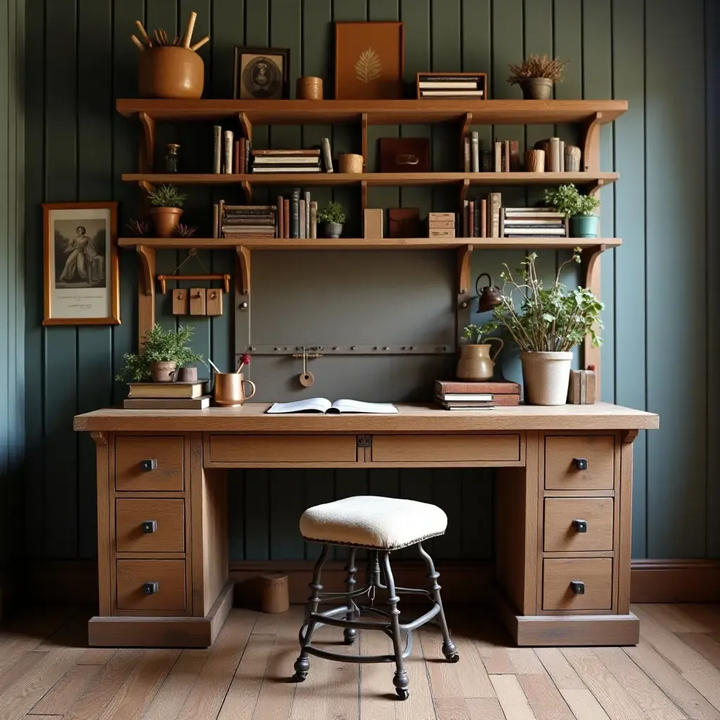 a photo of an antique workbench repurposed as a study area