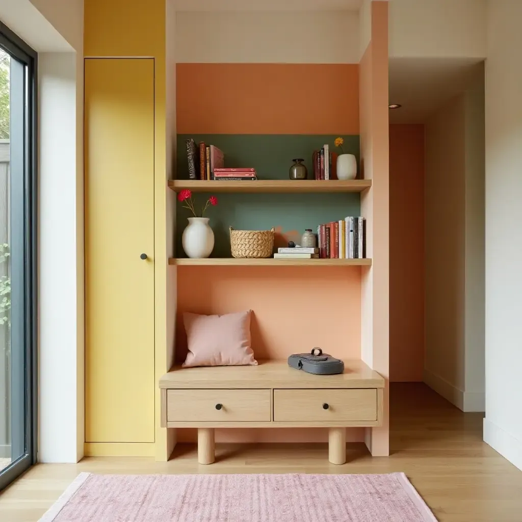 a photo of a colorful entryway with wall-mounted storage shelves